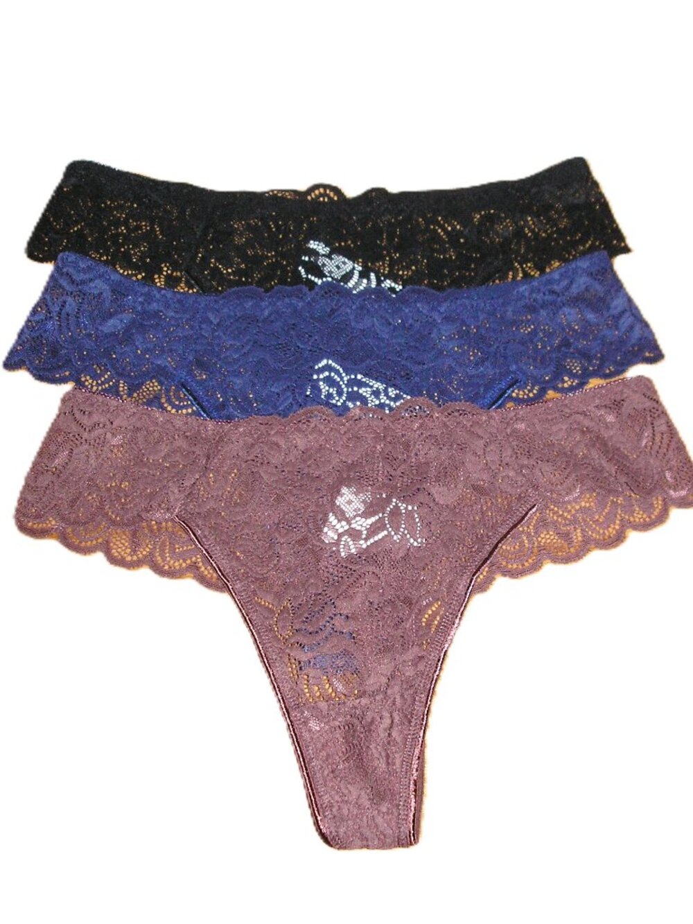 Set of 3 Lace Thong Panties, Brown Blue & Black, Size Medium  NWOT